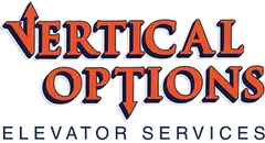 The image shows the logo for Vertical Options Elevator Services. The logo features the company name "Vertical Options" in large, stylized orange letters with blue outlines. Below, "Elevator Services" is written in smaller, simple blue text.