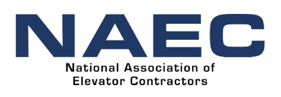 Logo of the National Association of Elevator Contractors (NAEC). The acronym "NAEC" is in large, bold, blue capital letters. Below it, the full name "National Association of Elevator Contractors" is written in smaller black text. The design provides insights about vertical options in the industry.