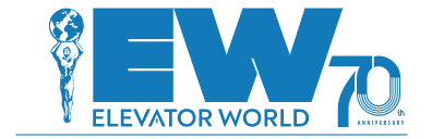 The image features the blue logo of Elevator World, with the acronym "EW" in large letters beside a stylized figure holding a globe. The text "Elevator World" appears below, emphasizing their dedication to vertical options innovation. To the right, there is a "70th Anniversary" emblem.