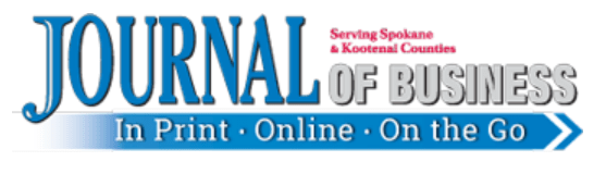 The image shows the logo of the "Journal of Business" with the tagline "Serving Spokane & Kootenai Counties." Below the title, it states, "In Print • Online • On the Go," reflecting its vertical options. The logo features text in blue and gray with some red accents.