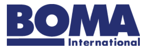The image shows the BOMA International logo. "BOMA" is written in large, bold, navy blue capital letters with "International" underneath in smaller, navy blue capital letters. The text is set against a white background, emphasizing the vertical arrangement of the elements.