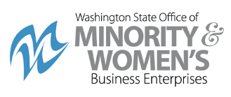 Logo of the Washington State Office of Minority & Women's Business Enterprises. The text is in gray, with an ampersand and an abstract design in blue, arranged about vertical lines to create a sleek and modern look.
