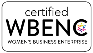 A rectangular logo with rounded corners featuring the text "certified WBENC Women's Business Enterprise." The letter "C" in "WBENC" contains a colorful circular motif with various shapes. For more about vertical options, explore our branding guidelines.