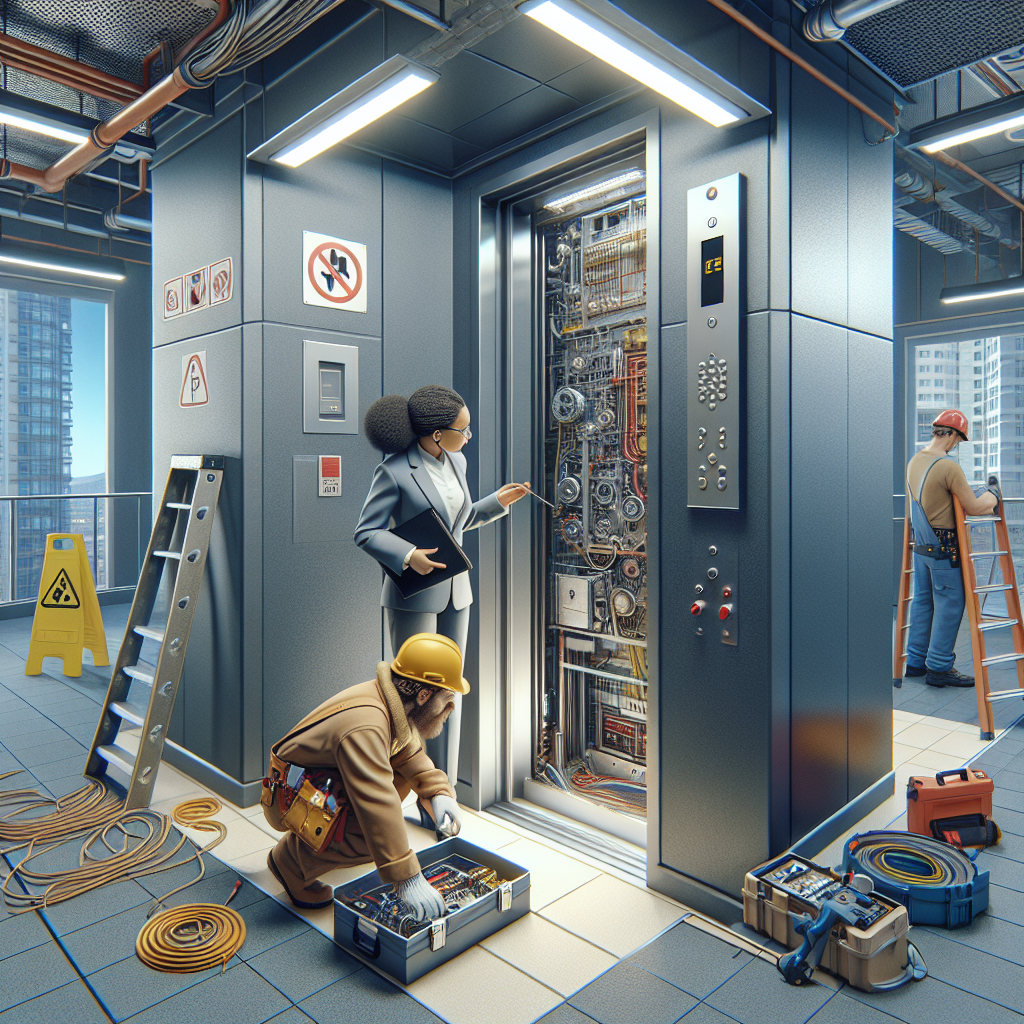 A woman in a suit observes as a technician, wearing a hard hat, works on an exposed elevator control panel in a modern building. Nearby, another worker adjusts cables on a ladder. Caution signs and various tools are scattered around the work area, typical of an efficient elevator service operation.