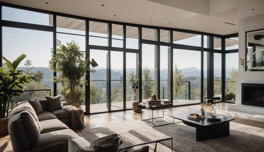 A modern living room with floor-to-ceiling windows offers a panoramic view of a forested landscape. The room features a large sectional sofa, a sleek coffee table, indoor plants, and a fireplace. Light floods in, highlighting the minimalist decor while nearby, a home elevator ensures easy access to every floor.