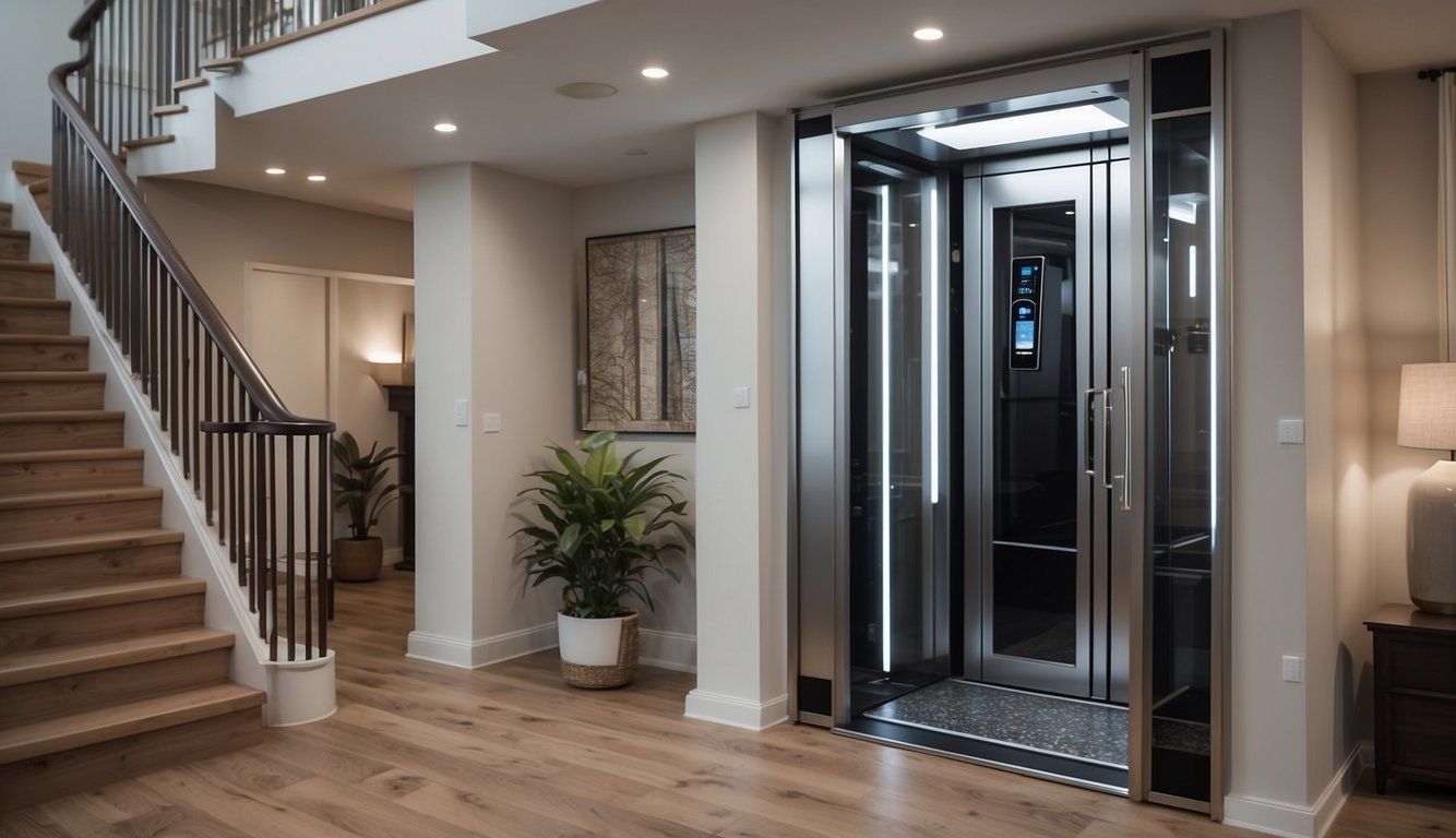 A modern indoor residential elevator is seen next to a wooden staircase with black railings. The area is well-lit with recessed lighting, a wall-mounted map, and potted plants adding a touch of greenery. A lamp and small table are visible on the right, ensuring easy access and potential for quick elevator maintenance.
