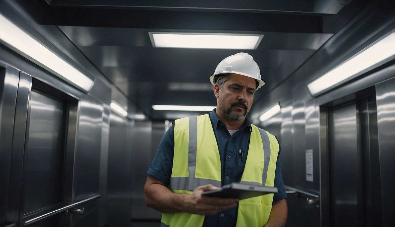 A man wearing a white hard hat and a yellow safety vest is looking at a tablet while standing in a brightly lit industrial corridor, possibly checking on elevator maintenance. The corridor has metallic walls and overhead lighting.